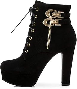 ForeMode Women's Goth Leather Block Heel Ankle Boots Fashion Studded Ankle Strap Trim Punk Boots | Amazon (US)