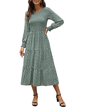 Zattcas Womens Fall Dresses 2024 Casual Long Sleeve Smocked Boho Floral Tiered Midi Wedding Guest... | Amazon (US)