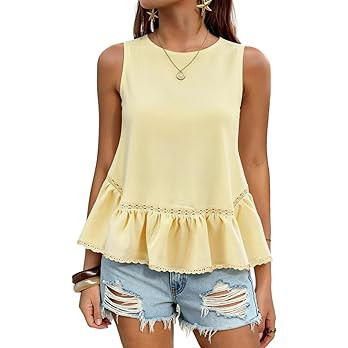 Womens Summer Peplum Babydoll Tank Tops Sleeveless Ruffle Lace Trim Blouse Shirt 2026 Trendy Vaca... | Amazon (US)
