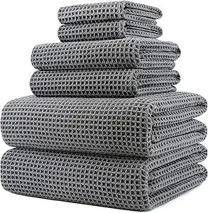 POLYTE Oversize, 60 x 30 in., Quick Dry Lint Free Microfiber Bath Towel Set, 6 Piece (Gray, Waffl... | Amazon (US)