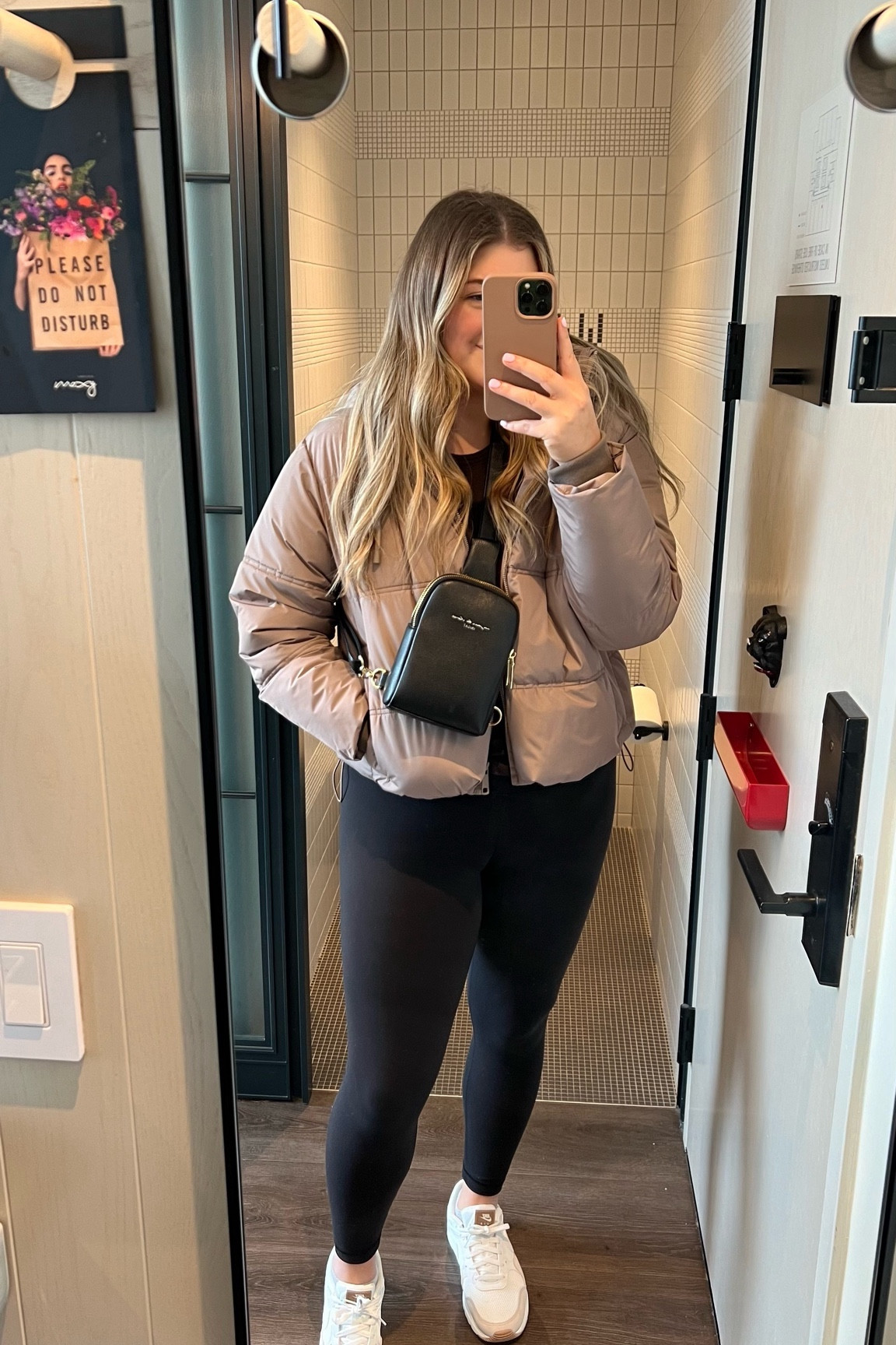 Jacket is from Zara (short quilted anorak size M) can’t be linked on LTK, Amazon crossover bag, leggings, & shoes! 