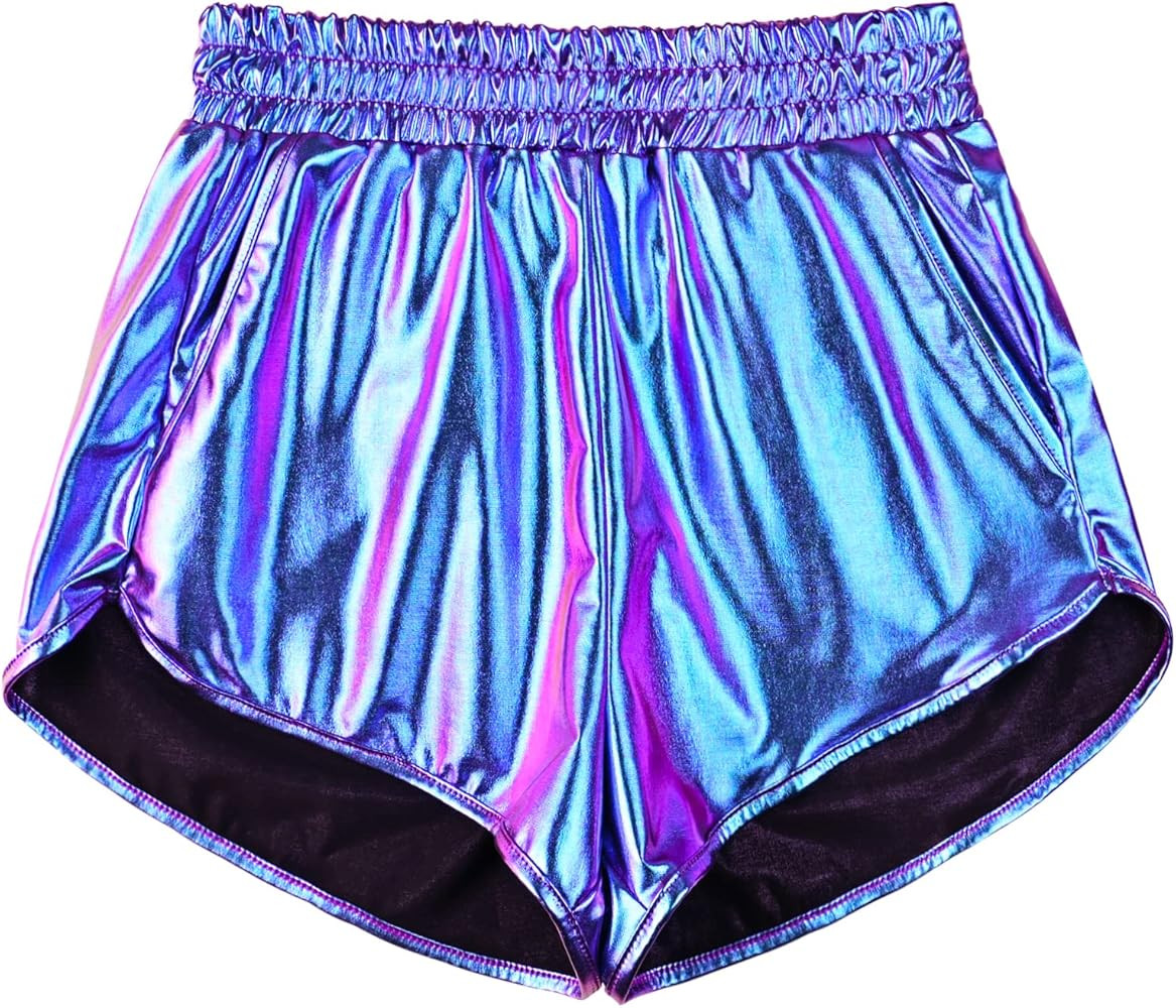 Perfashion Women's Metallic Shiny Shorts Sparkly Hot Yoga Outfit | Amazon (US)