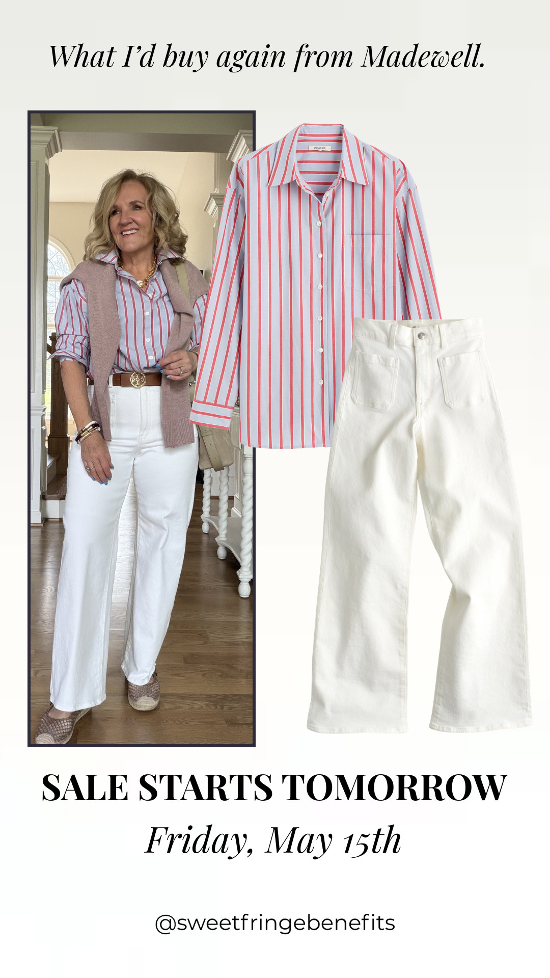 Madewell always gets me with the classic staples 🫶🏻

These are the pieces I’d absolutely buy again, timeless white denim, an easy striped button-down, and effortless layering pieces that work year after year. The kind of wardrobe basics that make getting dressed simple but still polished.

 And the sale starts tomorrow! 

 #LTKootd #LTKOver40 #LTKSaleAlert