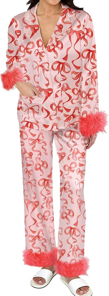 Women's Feather Pajamas with Pockets, Long Sleeve Button Up Shirt and Pants 2 Piece Pj Set Trendy... | Amazon (US)
