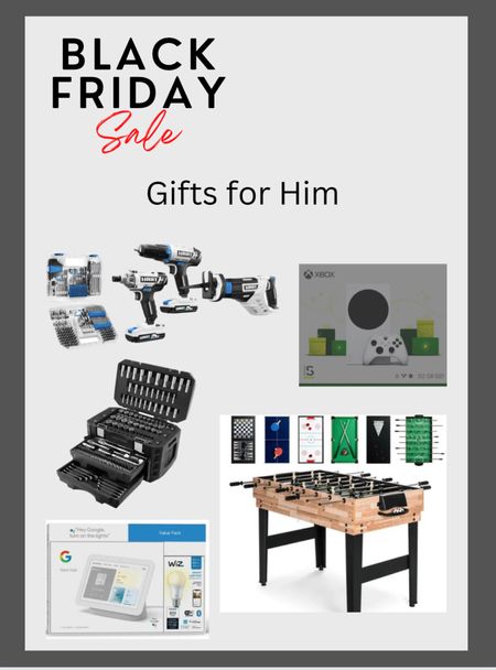 Great gift ideas for the men in your life on Black Friday sale. Includes a toolset, tool, accessory set, the new Xbox at a discounted price, a tabletop game set including billiards, air hockey, etc. And lastly, a nest home control system.

#LTKGiftGuide #LTKsalealert #LTKmens