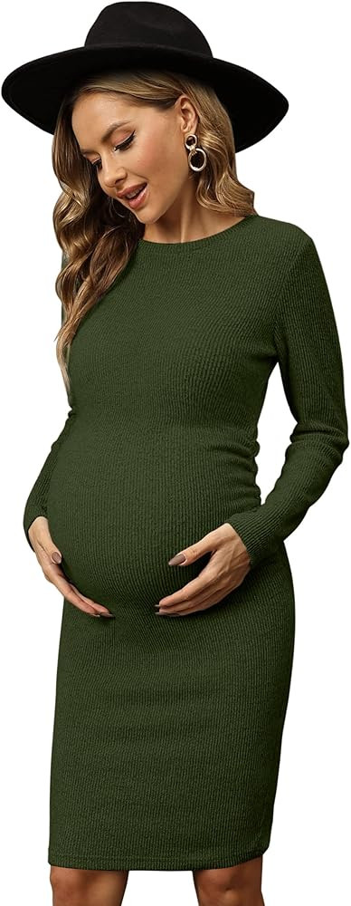 Vahina Knit Ribbed Maternity Dress Side Ruched/Long Sleeve Maternity Bodycon Dress Casual Baby Sh... | Amazon (US)