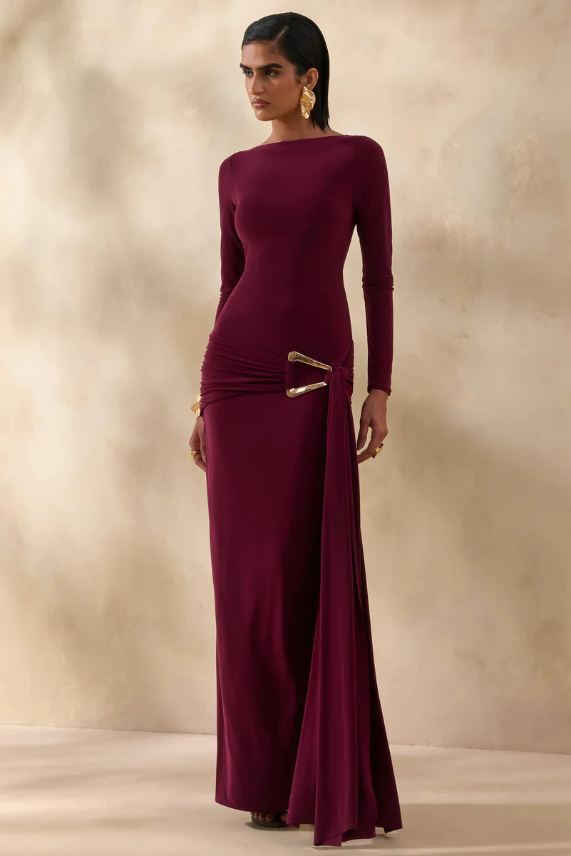 Astrielle  Burgundy Wide-Neck With Gold-Detail And Sash | Club L London