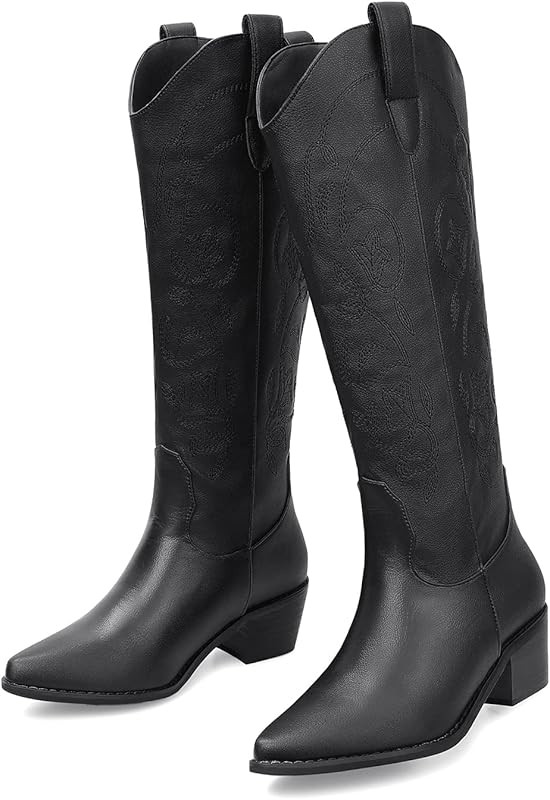 SHIBEVER Cowboy Cowgirl Boots for Women: Women's Knee-High Boots Wide Calf Tall Chunky Heel Embro... | Amazon (US)