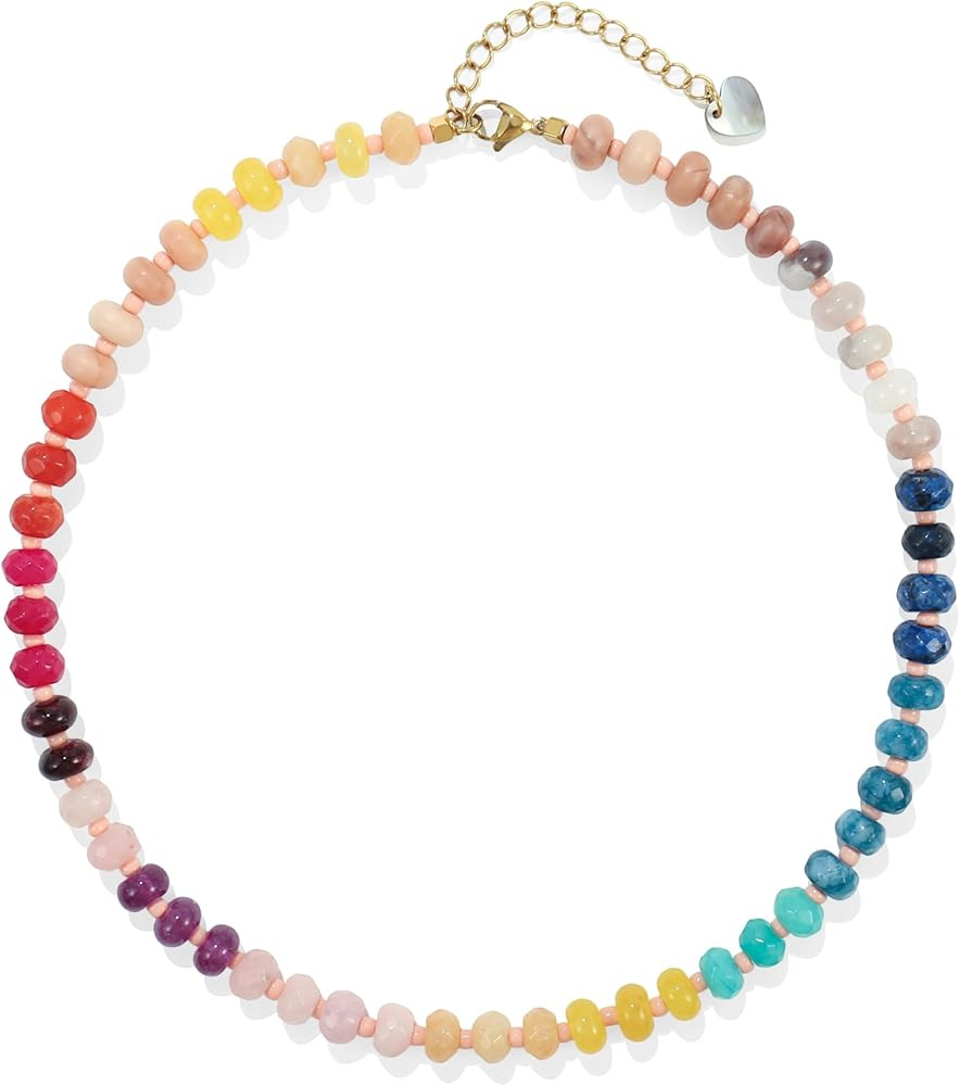 Colorful Gemstone Beaded Necklaces For Women Trendy Rainbow Natural Stone Boho Handmade Stainless... | Amazon (US)