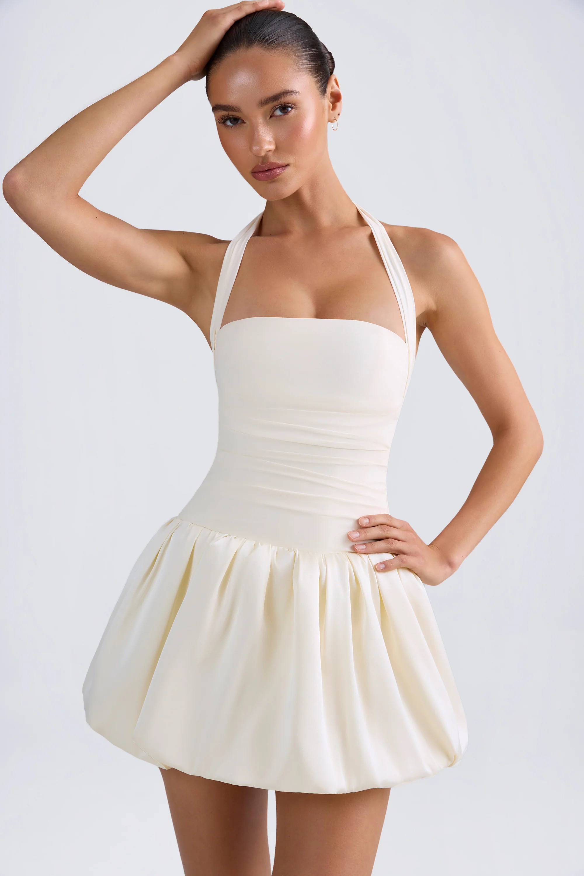 Halterneck Lace-Up Bubble Hem Corset Micro Mini Dress in Ivory | Oh Polly
