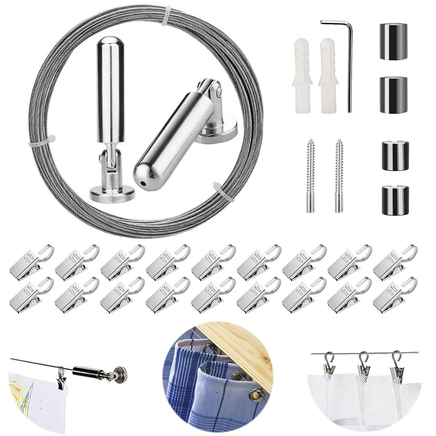 [5 Meters] Wall Mount Curtain Wire Rod Set with (20 Hanging Clips) - Pinowu Stainless Steel Pictu... | Amazon (US)