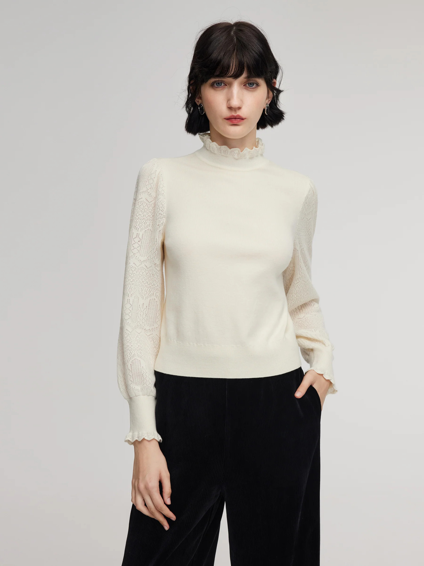 Tencel Wool Blend Ruffle Neck Women Sweater - Off White / XXS | GOELIA