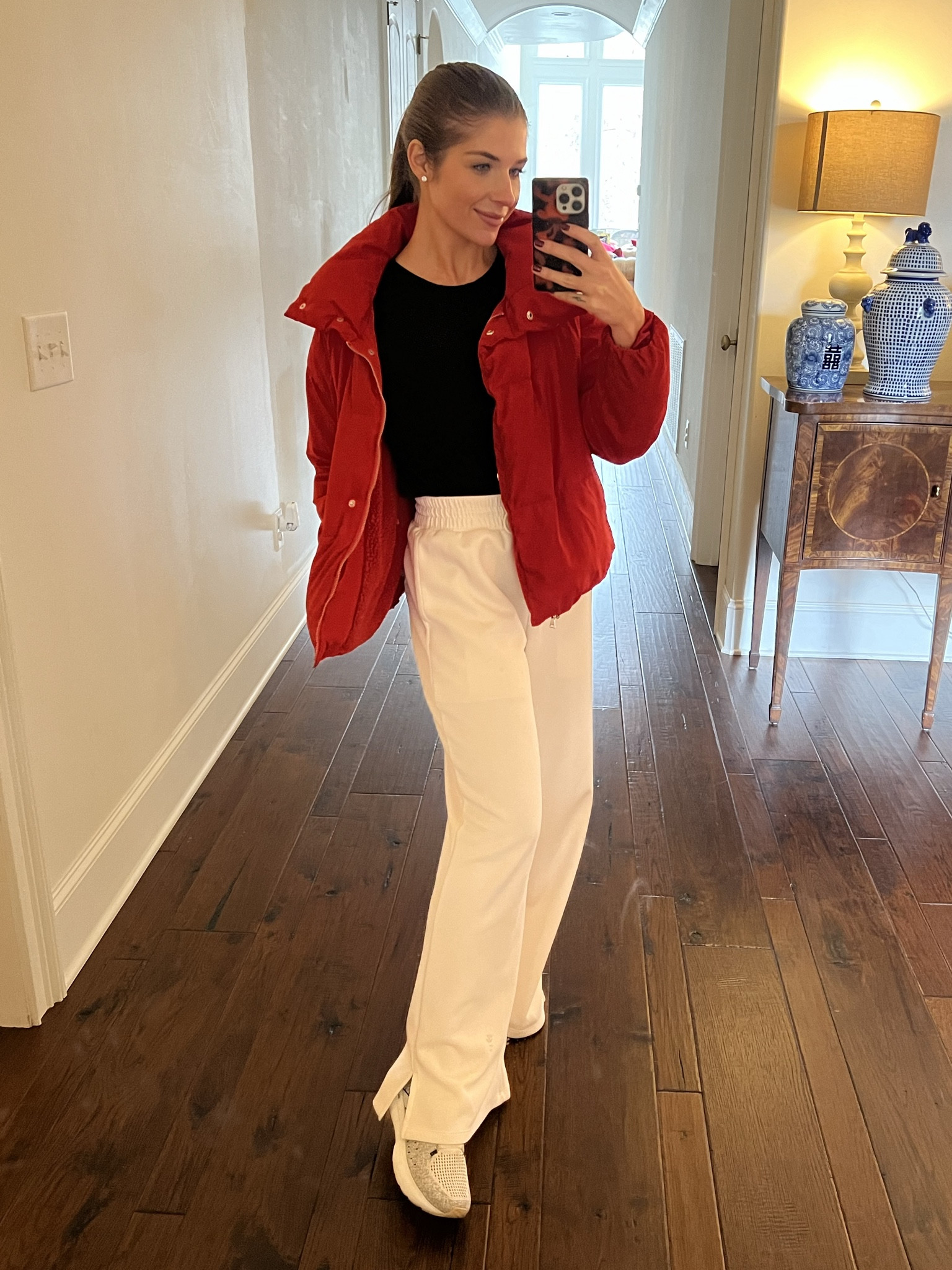 Comfy active athletic outfit! My favorite pants for lounging around the house and running errands. I wear a size small in the pants. SO soft (soft stream dupe)🤍✨  #active #cozy #sweatpants #puffer #red #jacket #runningshoes #softstream #dupe #lululemon #brooks #athletic 

#LTKstyletip #LTKfitness