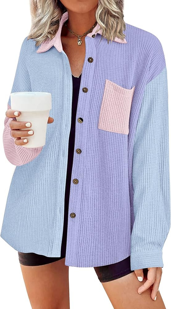 HOTOUCH Waffle Button Down Shirt Women Casual Knit Tops Long Sleeve Loose Fit Shacket with Pocket | Amazon (US)