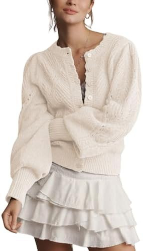 MINSURE Women Pointelle Knit Lightweight Cardigan Puff Sleeve Scalloped Trim Button Down Open Fro... | Amazon (US)