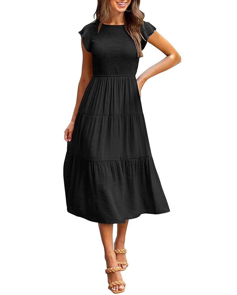 Women's Summer Casual Midi Dress Dressy Smocked Elastic Waist Tiered A-Line Dress Round Neck Shor... | Amazon (US)