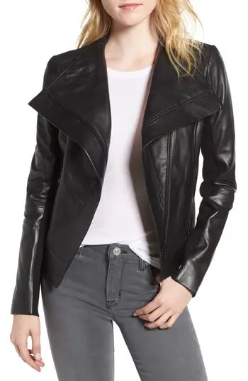 Women's Trouve Drape Front Leather Jacket, Size XX-Small - Black | Nordstrom