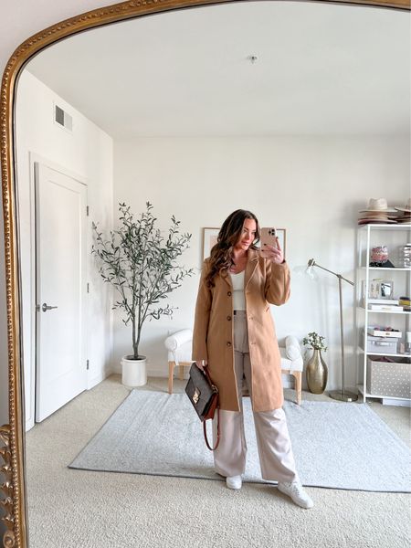 Shocked by how much I love this dad coat. Typically I don’t find them flattering on my curvier frame, I find my butt causes fabric to bulk above my booty but this one has a slight A-line frame which I find to be super flattering! Wearing a size medium!

Trousers I size up 2x even in the curve love line- I think they run small + don’t want these super tight across butt!

#LTKSeasonal #LTKmidsize