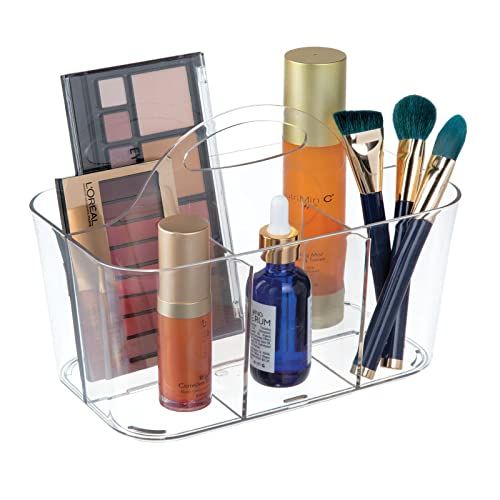 mDesign Plastic Makeup Storage Organizer Caddy Tote, Divided Basket Bin, Handle for Bathroom, Holds  | Amazon (US)