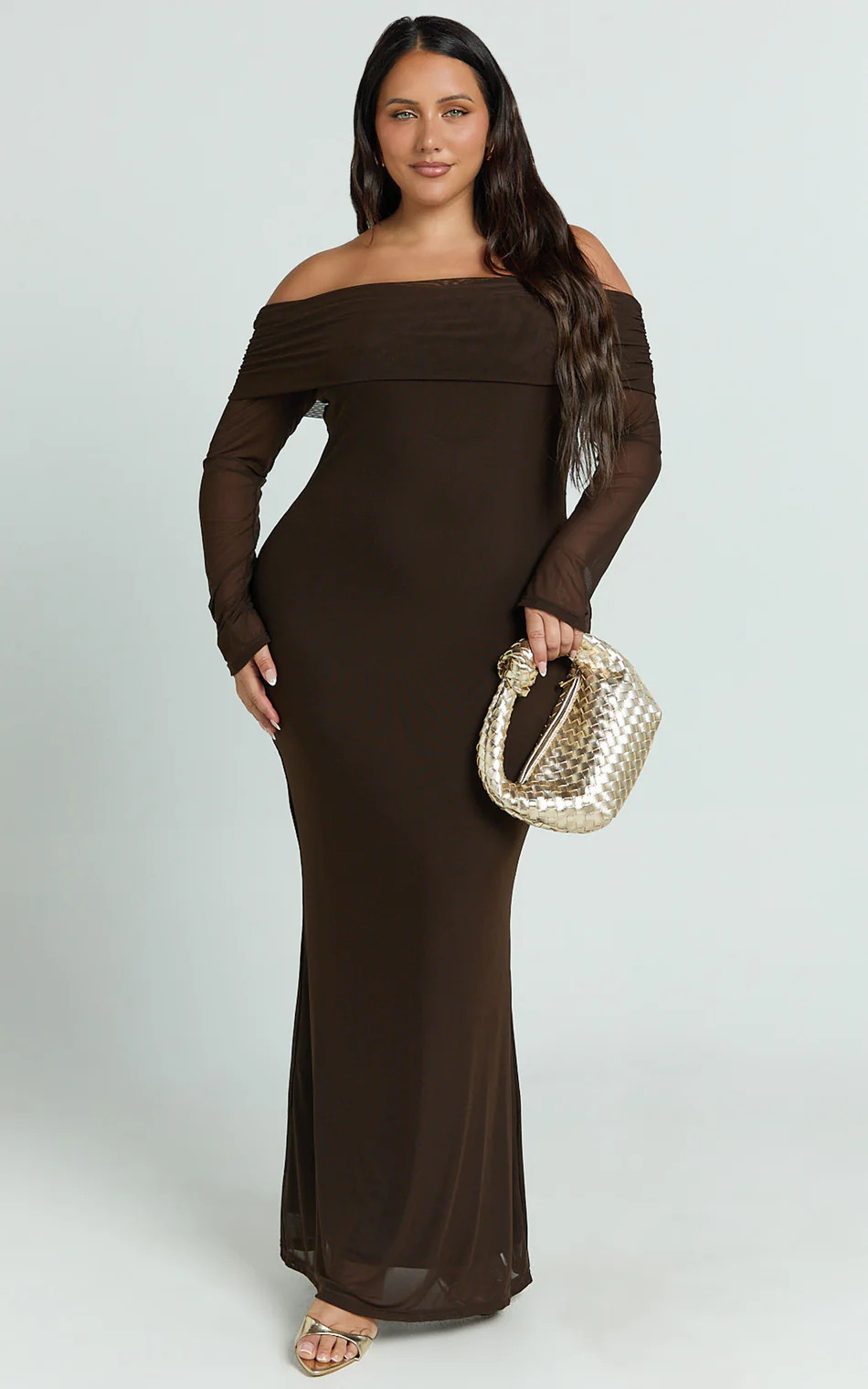 Bethanie Maxi Dress - Off The Shoulder Mesh Dress in Chocolate | Showpo (US, UK & Europe)