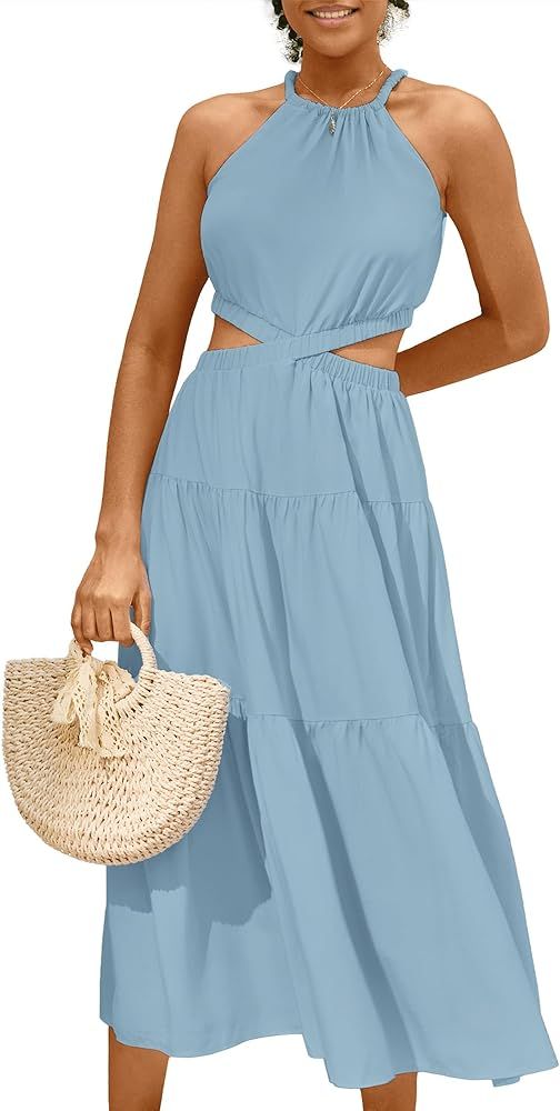 MIHOLL Women's 2024 Summer Maxi Dresses Casual Sleeveless Halter Neck Cut Out Tiered Beach Vacati... | Amazon (US)