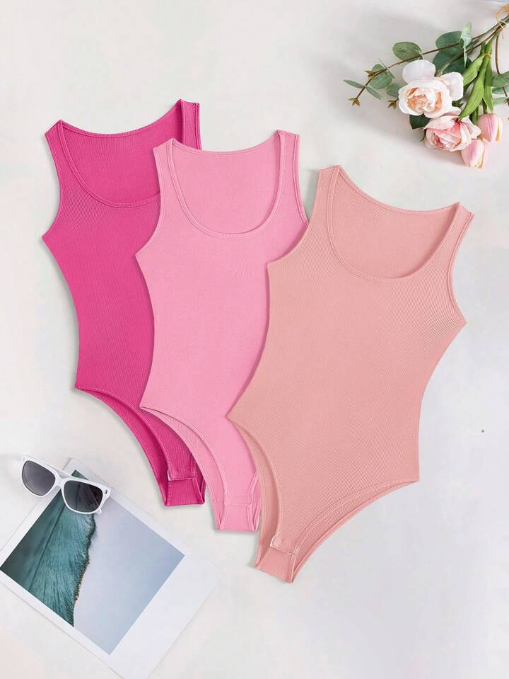 SHEIN Essnce Solid Color Ribbed Knit Round Neck Sleeveless Bodysuit | SHEIN