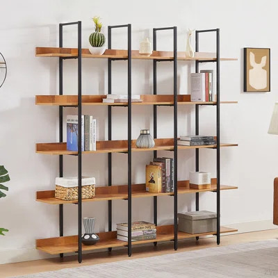 5 Tier Bookcase Home Office Open Bookshelf, Vintage Industrial Style Shelf With Metal Frame, MDF Board | Wayfair North America