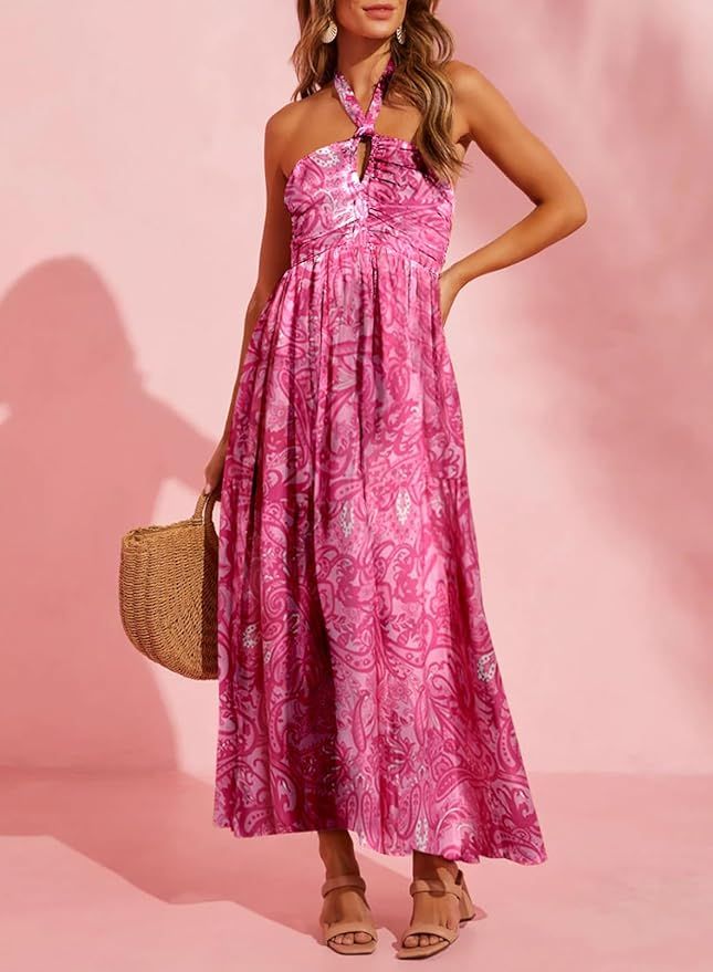 Dokotoo Long Dresses for Women Cute Floral Print Sexy Sleeveless Pleat Summer Dresses 2024 Fashio... | Amazon (US)
