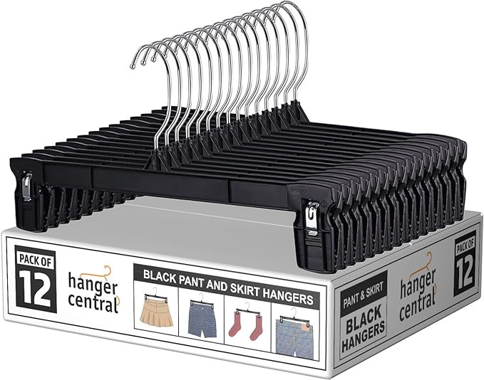 Hanger Central 12 Pack Space Saving Heavy Duty Slim Plastic Pants, Skirts, Shorts Hangers, Ridged... | Amazon (US)