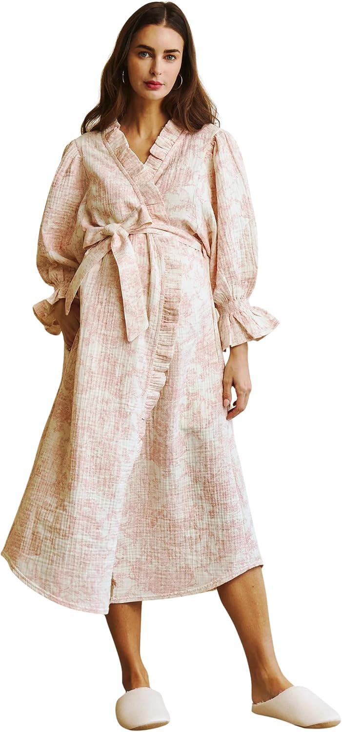 NOTHING FITS BUT 100% Cotton Muslin Maternity Robe, Nursing & Delivery Gown with Adjustable Belt & Puffed Sleeves | Amazon (US)