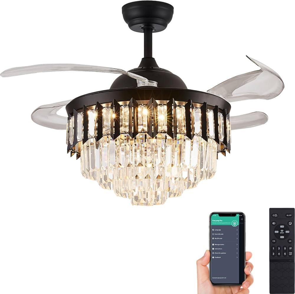 48" Dimmable Black Fandelier Crystal LED Ceiling Fans with Lights and Remote Modern Retractable B... | Amazon (US)