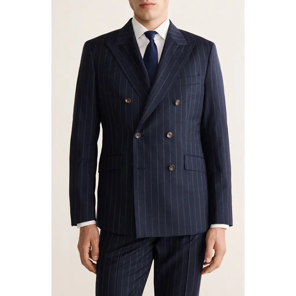 MANGO Venice Slim Fit Pinstripe Double Breasted Wool Jacket in Navy at Nordstrom, Size 42 | Nordstrom