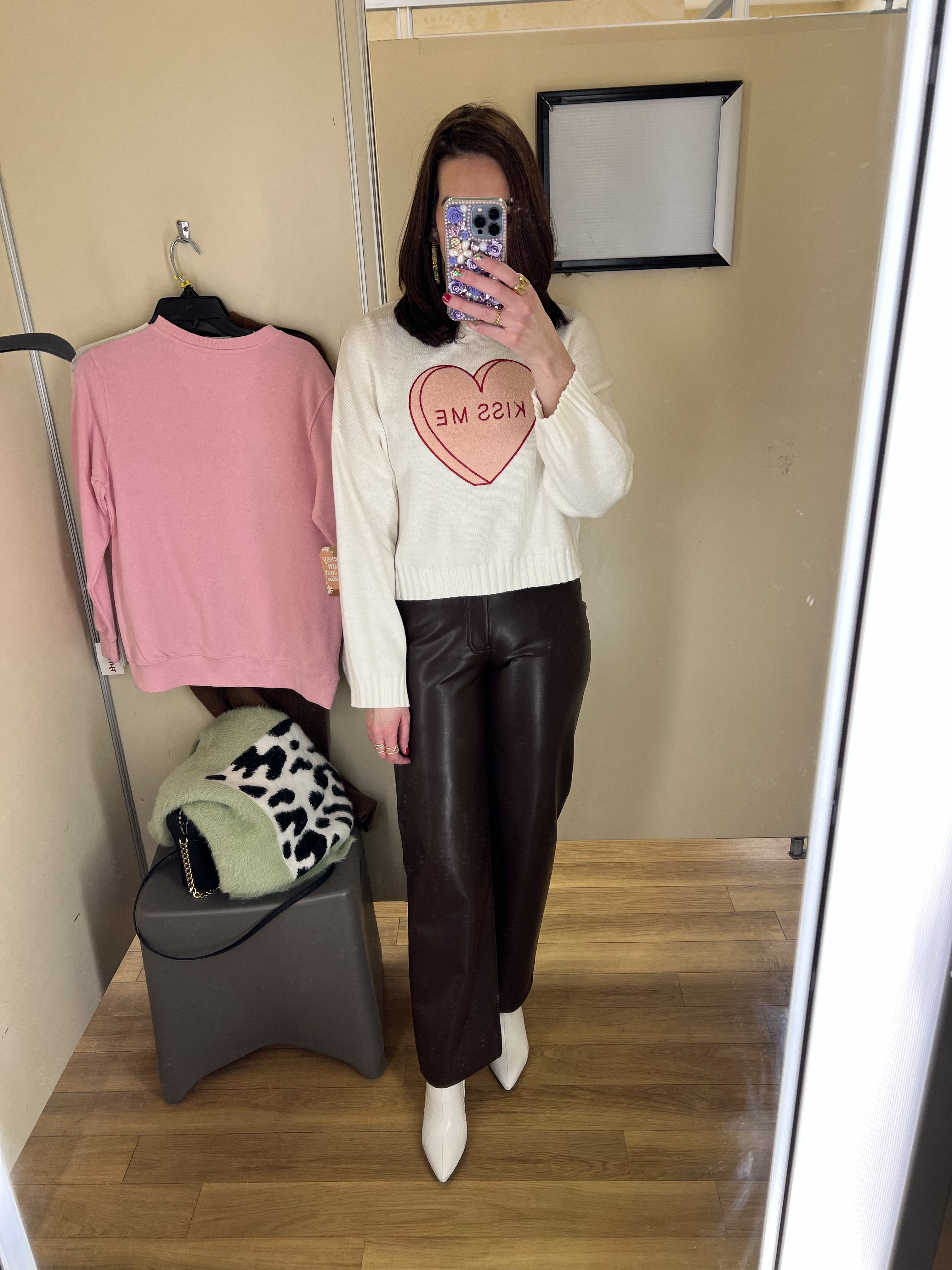 Kiss me heart cropped white sweater (small). Dark brown straight leg leather pants (27). White boots (8.5). #valentinesoutfit #valentinesdayoutfit #sweater #sweaters #croppedsweater #whitesweater #kissmesweater #darkbrownpants #leatherpants #pants #straightlegpants #winteroutfit Valentine’s Outfit 

#LTKSeasonal #LTKFindsUnder100 #LTKStyleTip