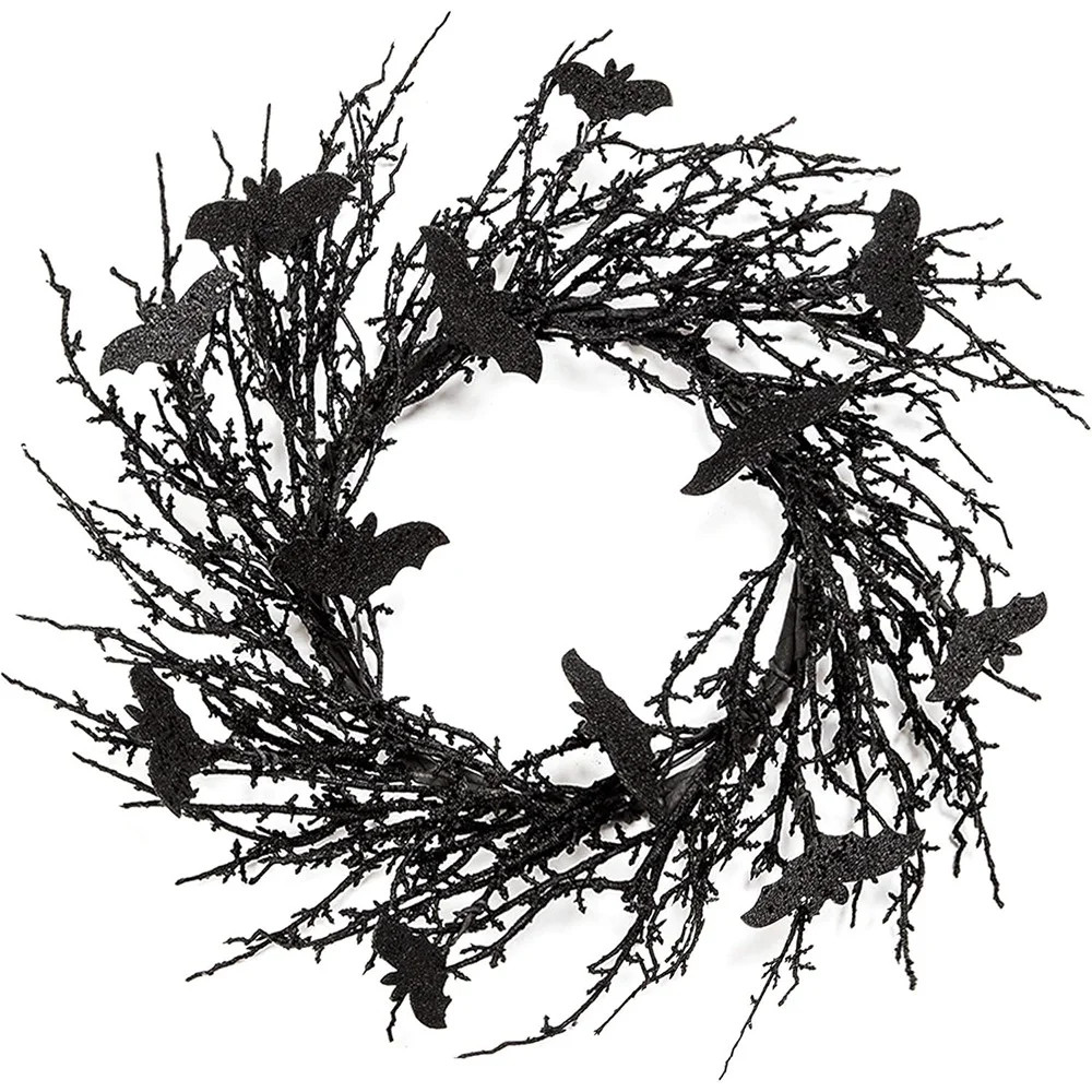 Black Bat Halloween Wreath with Glitter Bats, Spooky Front Door Decor, Gothic Bat Hanging Decorat... | Wayfair North America