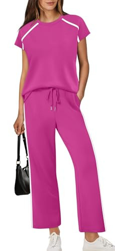 XIEERDUO Summer Outfits for Women 2026 2 Piece Sets Lounge Sets for Women Beach Vacation Clothes Airport Travel Outfits Cap Sleeve Wide Leg Tracksuits Fashion Clothing Hot Pink S | Amazon (US)