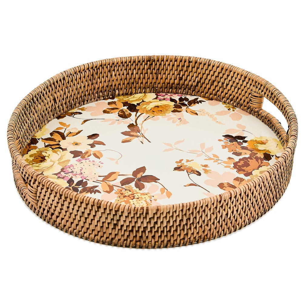 Wild Rose White Enamel & Rattan Round Serving Tray | MacKenzie-Childs