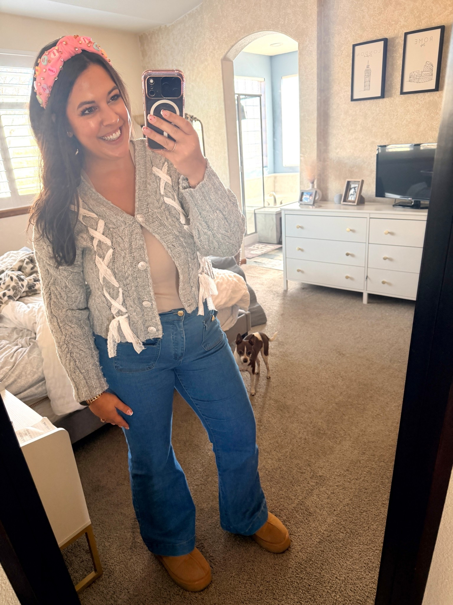 This fun cozy outfit is perfect for winter and I gave it a Valentine’s twist with my candy heart headband! 

I am 5’6” and ordered a size large in the sweater and it was true to size. I can button all the buttons easily, but just did the top one for this outfit. 

The tank top also did a size large and I have a couple of this exact style. I like them for teaching because they are long enough and don’t have a low neck line, so great for layering. 

The shoes were true to size for me, and 8, and I wear these everywhere! With and without socks. 

#LTKootd #LTKMidsize #LTKValentine