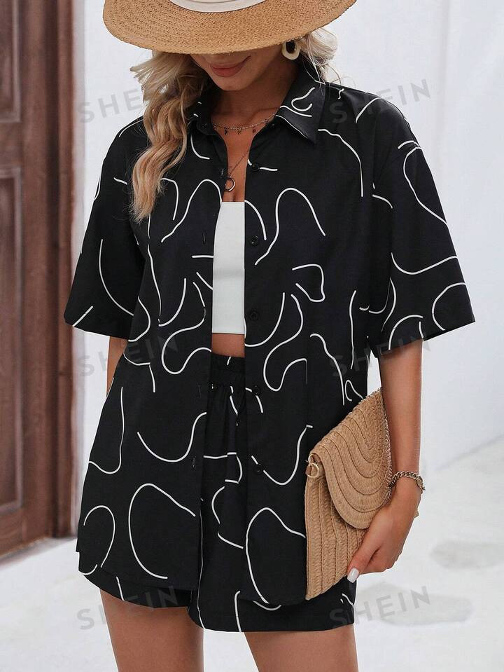 SHEIN LUNE Graphic Print Drop Shoulder Shirt & Knot Front Shorts | SHEIN