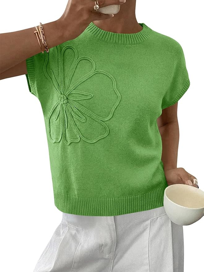 Saodimallsu Womens Short Sleeve Sweater Trendy Floral Pullover Sweaters Summer Casual Crewneck Li... | Amazon (US)