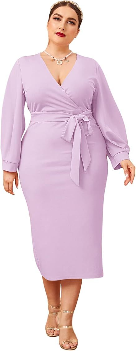 Verdusa Women's Plus Size Bishop Sleeve Plunging V Neck Belted Bodycon Dress | Amazon (US)