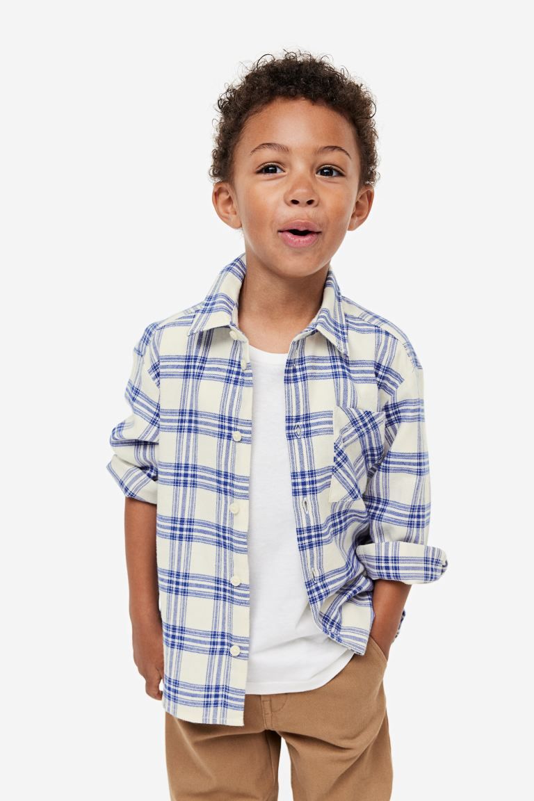 Cotton Flannel Shirt - Light beige/blue plaid - Kids | H&M US | H&M (US + CA)
