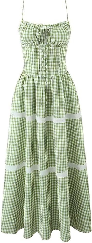 Summer Dresses for Women 2025 Casual French Vintage Lace Long Beach Corset Green Dress Gingham Sp... | Amazon (US)