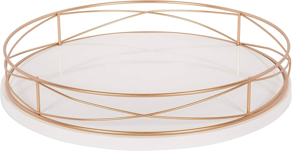 Kate and Laurel Mendel 14 Inch Round Tray with Decorative Metal Rim, White and Rose Gold | Amazon (US)