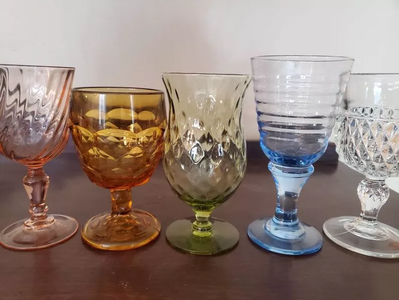 Vintage Multicolored Goblets Mismatch Mixed Water Goblets Bohemian Boho  Wine Glasses Set of 6 Mcm Glassware Wedding Glasses Rainbow Glasses 