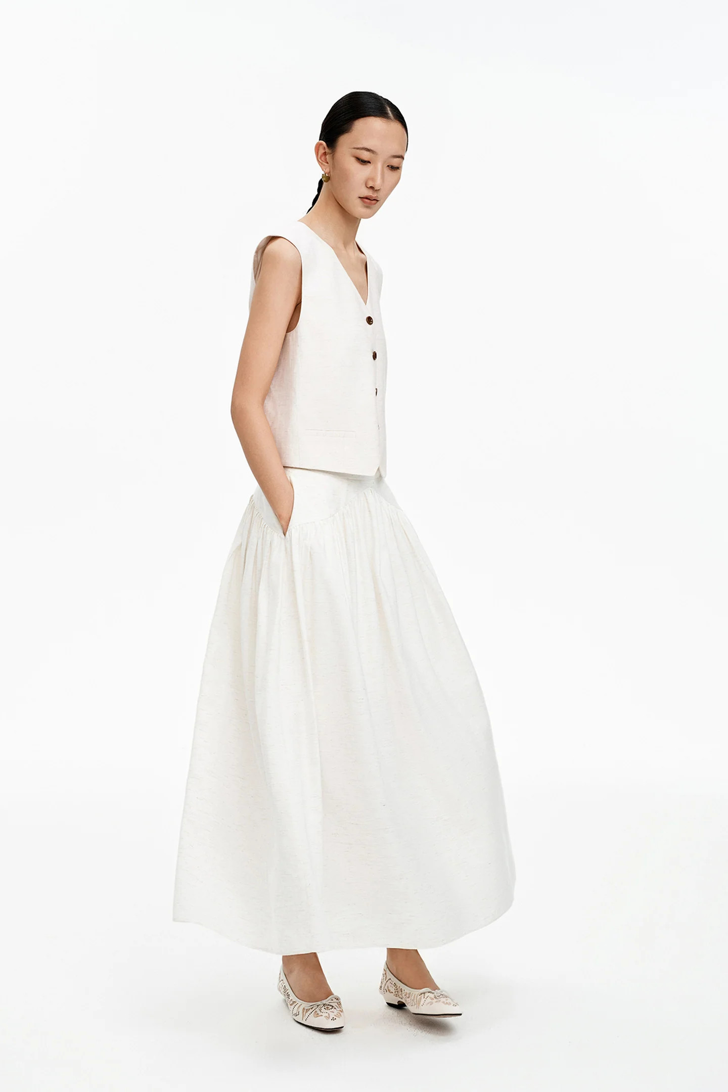 Slimming Linen-Blend Flared Maxi Skirt | SELFWHO