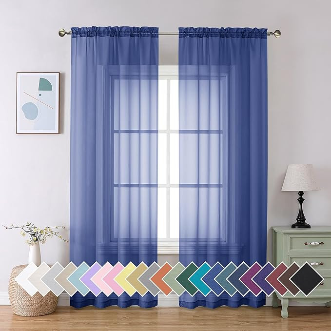 Royal Blue Sheer Curtains 84 Inches Long 2 Panels Set, Semi Transparent Voile Rod Pocket Blue She... | Amazon (US)