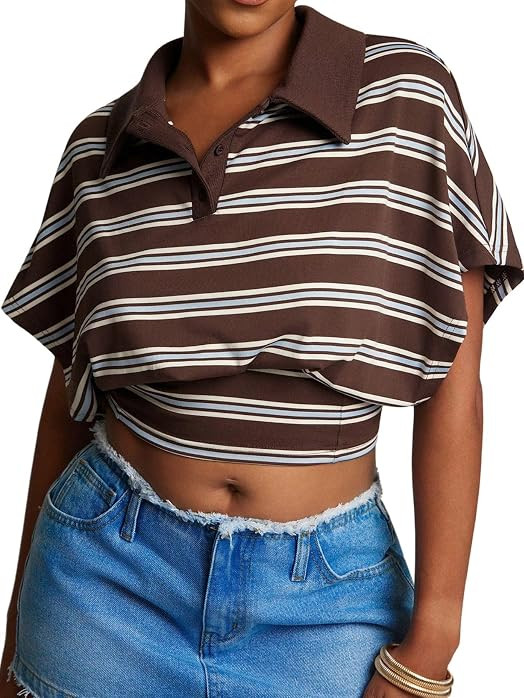 Verdusa Women's Striped Dolman Sleeve Crop Tops Y2K Preppy Collared Shirts Cinched Waist Tops Goi... | Amazon (US)