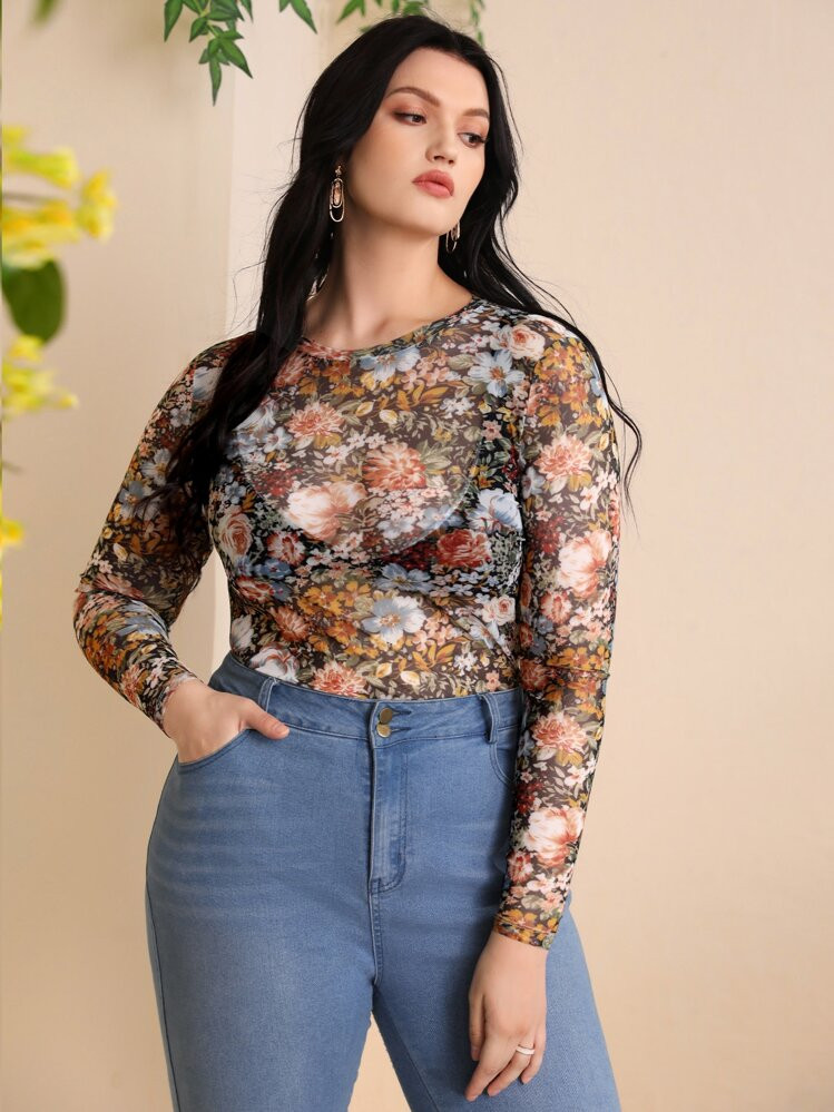 SHEIN Privé Plus Floral Print Mesh Top | SHEIN