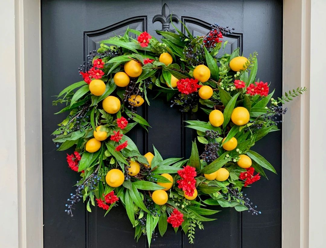 Southern Lemon Wreaths for Spring, Lemon Decor, Blueberry Decor, Green Bay Leaf Wreaths | Etsy (US)