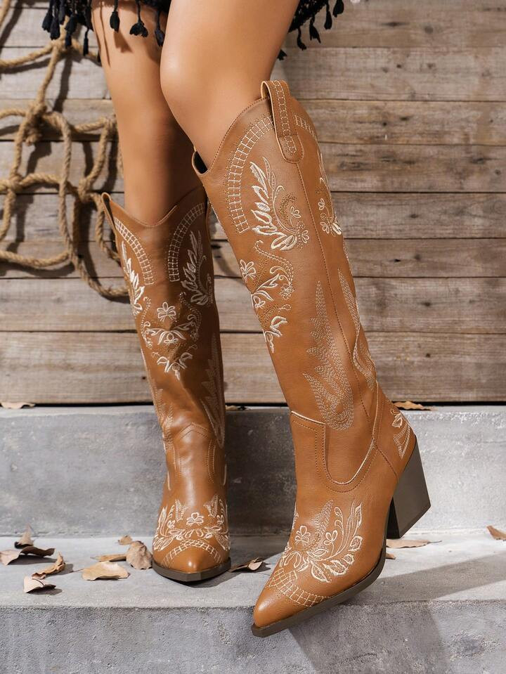 Botas vaqueras de tacón ancho con bordado floral de punta afilada, otoño/invierno, botas de vaq... | SHEIN